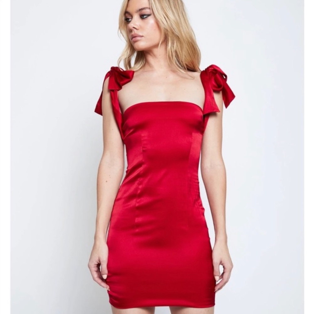 New Red Lurelly Silk Bow Tie Dress